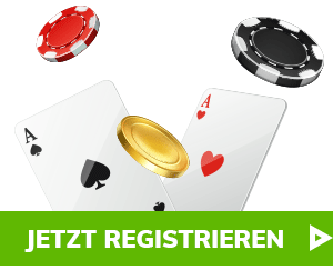 Zwei Asse mit fliegenden Chips über grünem Jetzt registrieren Button