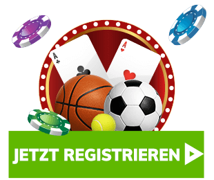 Jetzt registrieren Button mit Sportbällen und Casino Chips bei Bahigo Casino-Wetten
